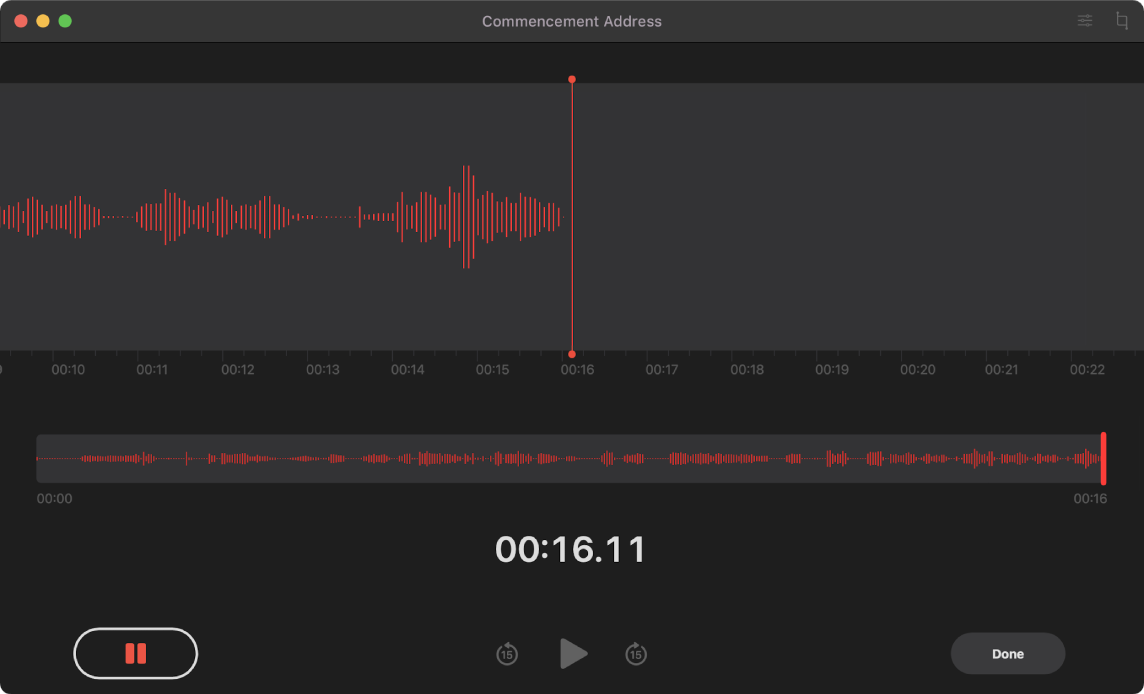 Lietotnes Voice Memos logā redzams ieraksts procesā.