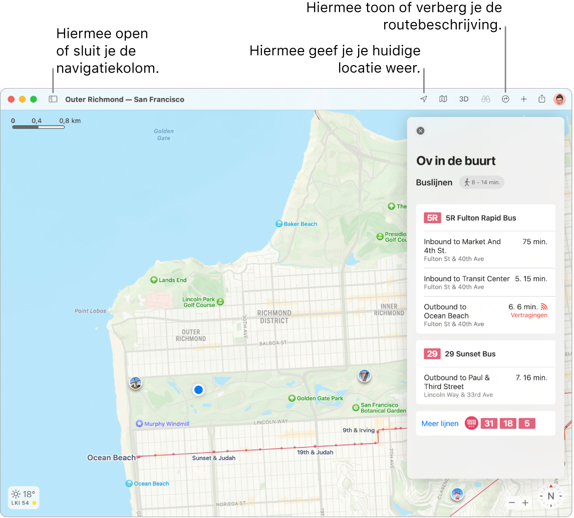 Een Kaarten-venster waarin te zien is hoe je een routebeschrijving opvraagt door op een bestemming in de navigatiekolom te klikken, hoe je de navigatiekolom opent of sluit en hoe je je huidige locatie op de kaart vindt.