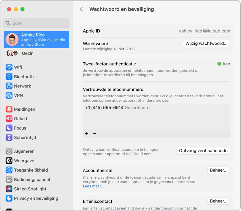 Het gedeelte 'Wachtwoord en beveiliging' voor de Apple ID in Systeeminstellingen. Vanaf hier kun je accountherstel of een erfeniscontact configureren.