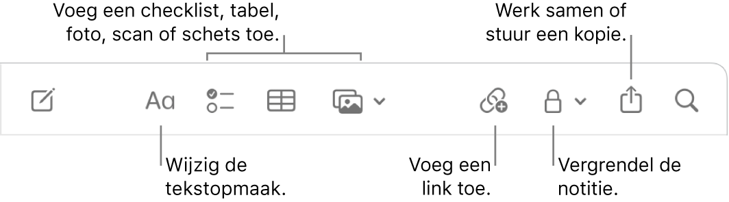 De knoppenbalk in Notities met bijschriften voor de knoppen voor tekstopmaak, checklists, tabellen, links, foto's/media, vergrendelen, delen en versturen van een kopie.