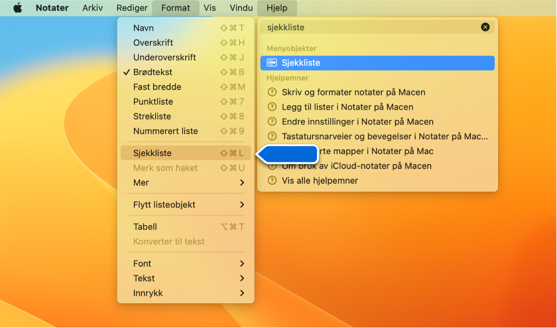 Hjelp-menyen som viser et søk etter «sjekkliste» med Sjekkliste uthevet i Format-menyen.