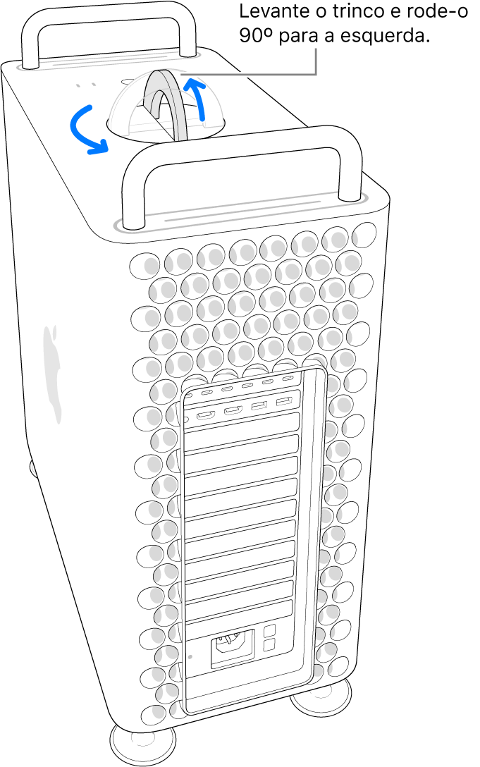 O primeiro passo para remover a estrutura do computador levantando o trinco e rodando-o 90 graus.