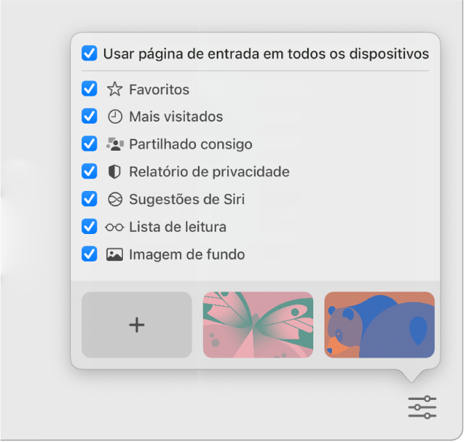 O menu pop-up “Personalizar o Safari” com as opções Favoritos, Mais visitados, Partilhado consigo, Relatório de privacidade, Sugestões de Siri, Lista de leitura e Imagem de fundo.