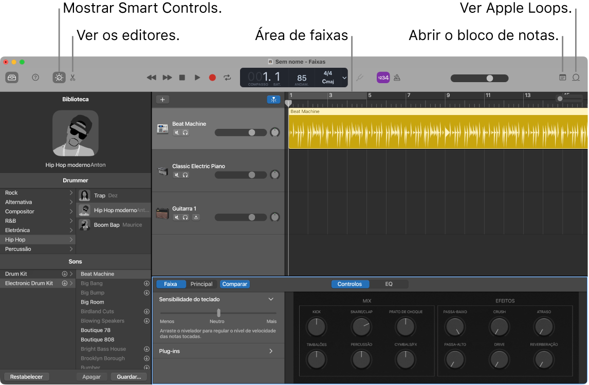 Uma janela do GarageBand a mostrar os botões para aceder a Smart Controls, Editores, Notas e Apple Loops. Também mostra o ecrã de faixas.