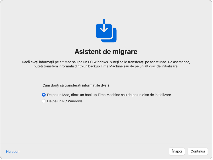 Un ecran din Asistent de configurare pe care scrie “Asistent de migrare”. Este bifată o casetă de validare pentru a transfera informații de pe un Mac.