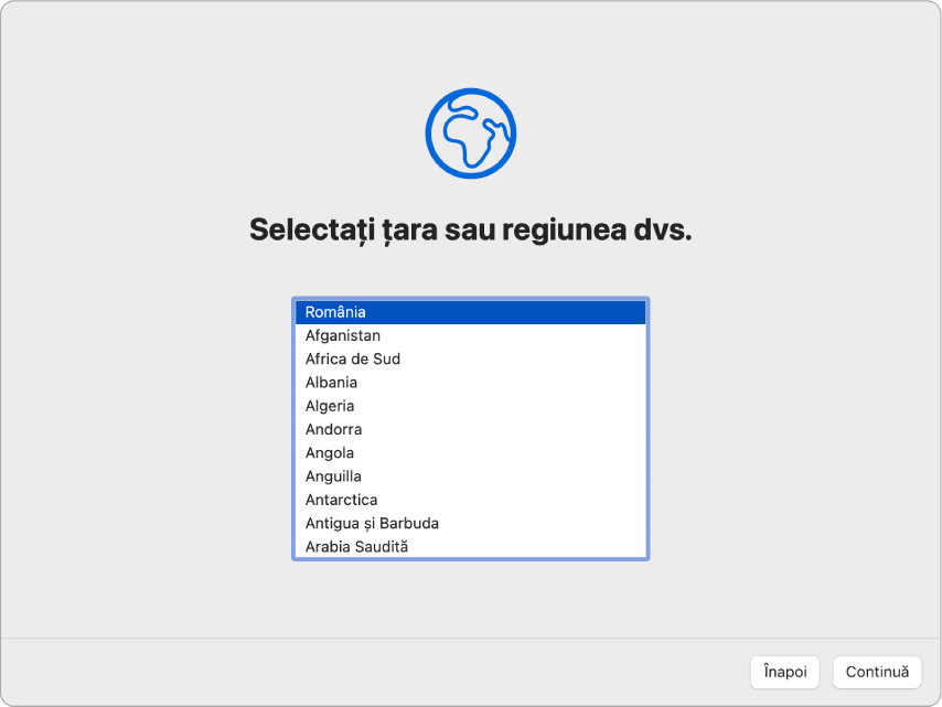 Un ecran în aplicația Asistent de configurare afișând opțiunile pentru selectarea țării sau regiunii unui utilizator.