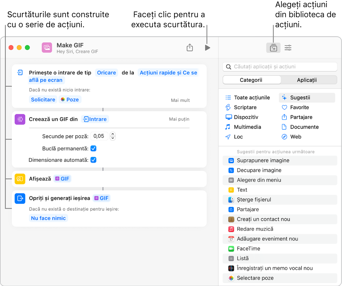 Editorul de scurtături Creare GIF în stânga și biblioteca de acțiuni în dreapta.