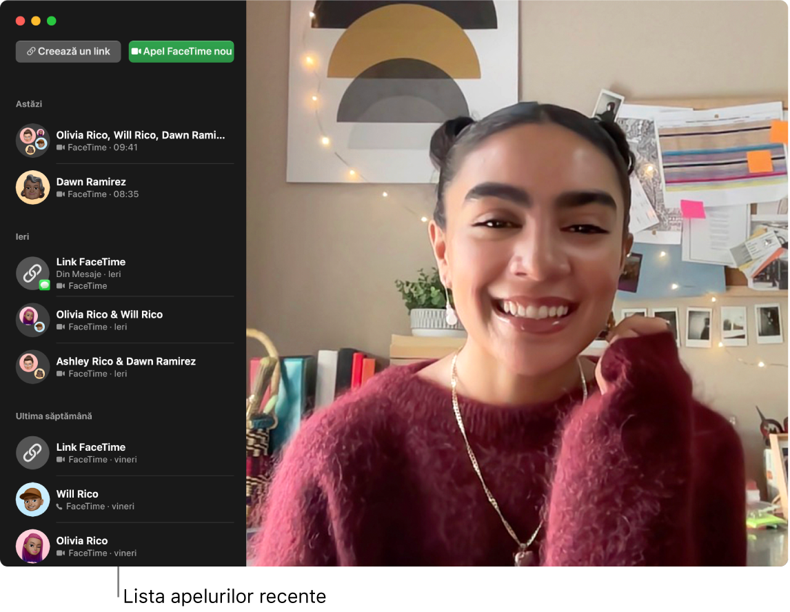 O fereastră FaceTime afișând butoanele pentru crearea unui link pentru un apel FaceTime sau pentru începerea unui nou apel FaceTime și o listă cu apelurile recente.