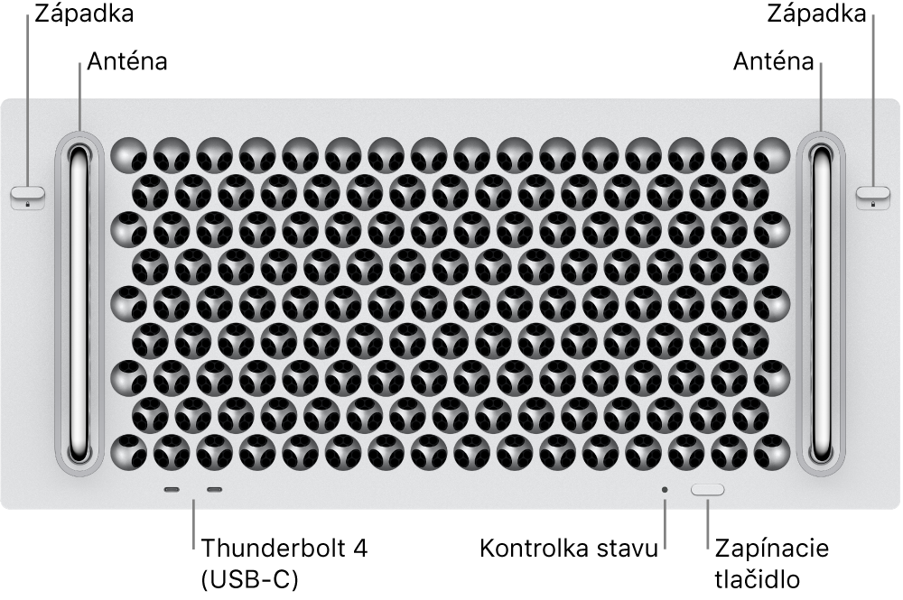 Predná časť Macu Pro zobrazujúca dve západky, dve antény, tlačidlo napájania, svetelný indikátor stavu a dva porty Thunderbolt 4 (USB-C).