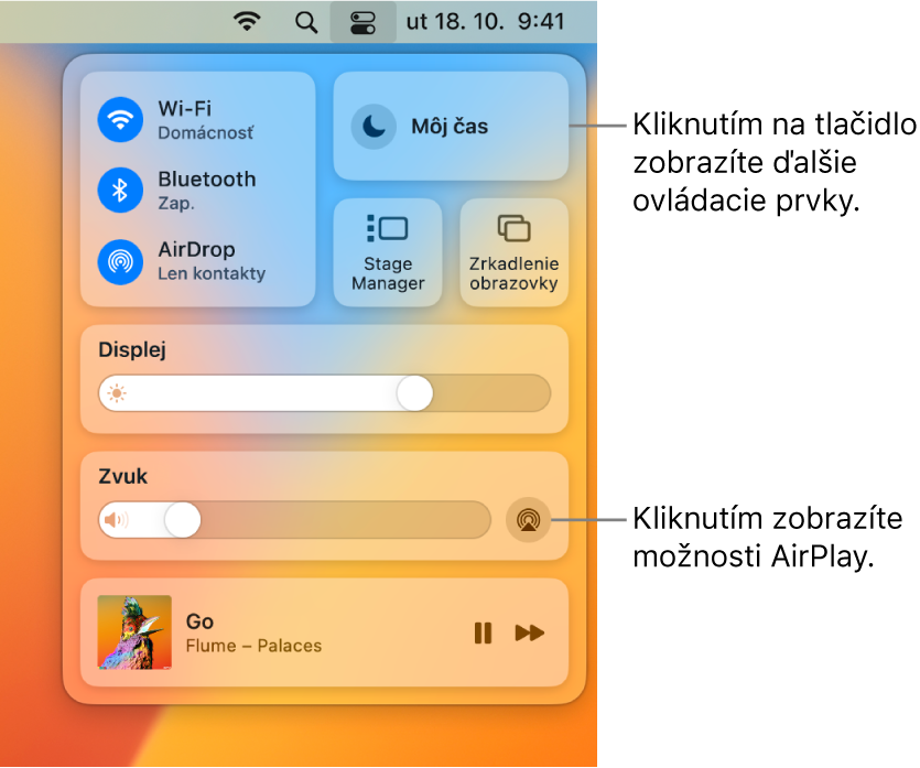 Zväčšené zobrazenie Ovládacieho centra na Macu.