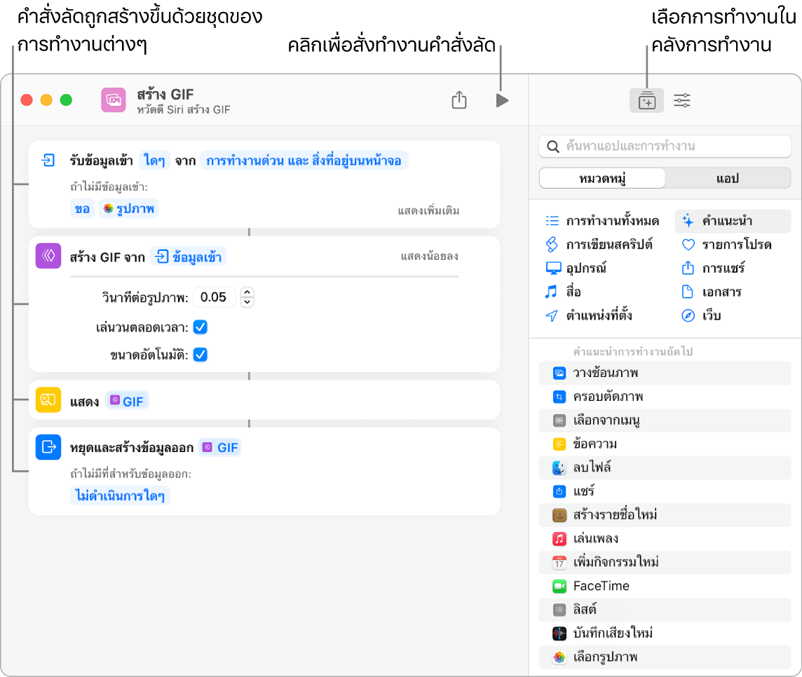 หน้าต่างแก้ไขคำสั่งลัดสร้าง GIF ทางด้านซ้ายและคลังการทำงานทางด้านขวา