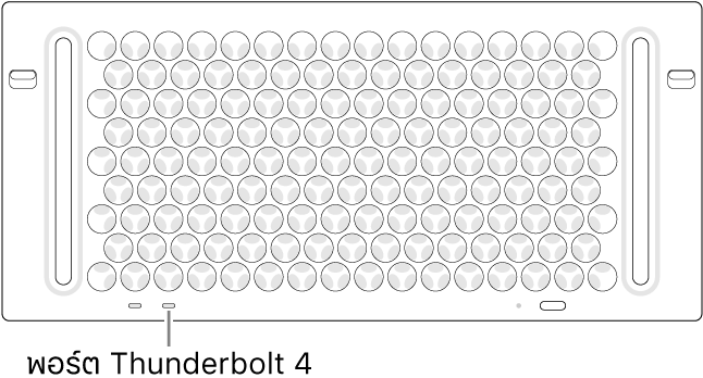 ด้านบนสุดของ Mac Pro โดยชี้ไปที่พอร์ต Thunderbolt 4 ที่ถูกต้องสำหรับใช้งาน