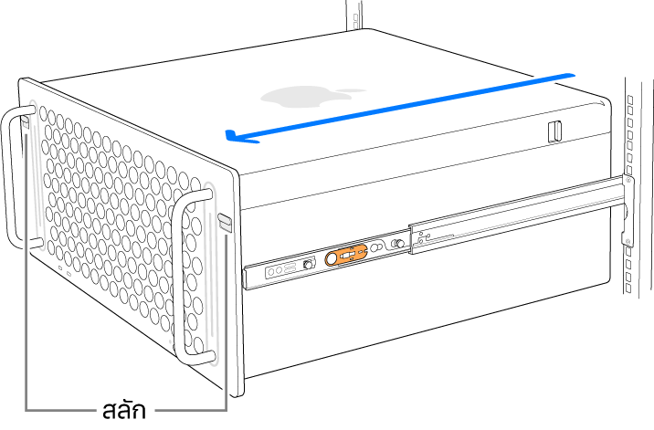 Mac Pro ที่วางอยู่บนรางที่ยึดติดกับแร็ค