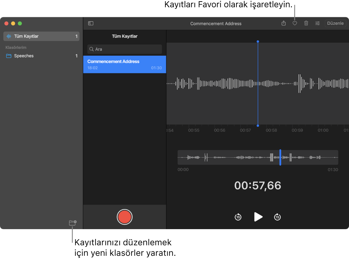 Yeni klasör yaratmanın veya kaydı favori olarak işaretlemenin gösterildiği Sesli Notlar penceresi.