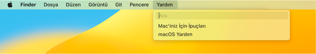 Yardım menüsü açık halde Ara ve macOS Yardım menü seçeneklerini gösteren kısmi masaüstü.