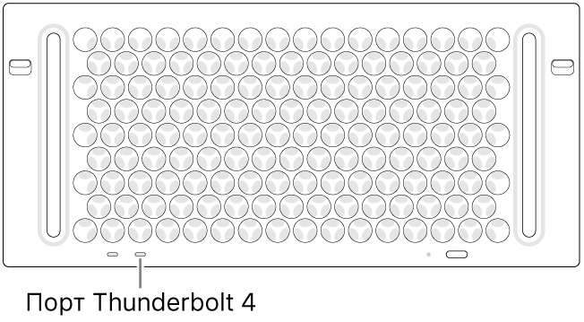 Верхня частина Mac Pro, вказано порт Thunderbolt 4, який слід використовувати.