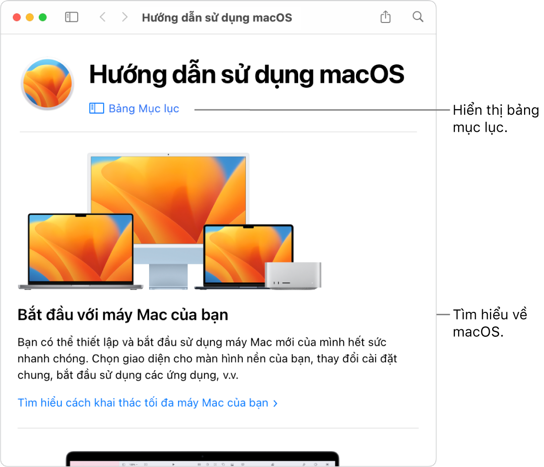 Trang chào mừng Hướng dẫn sử dụng macOS đang hiển thị liên kết Bảng mục lục.