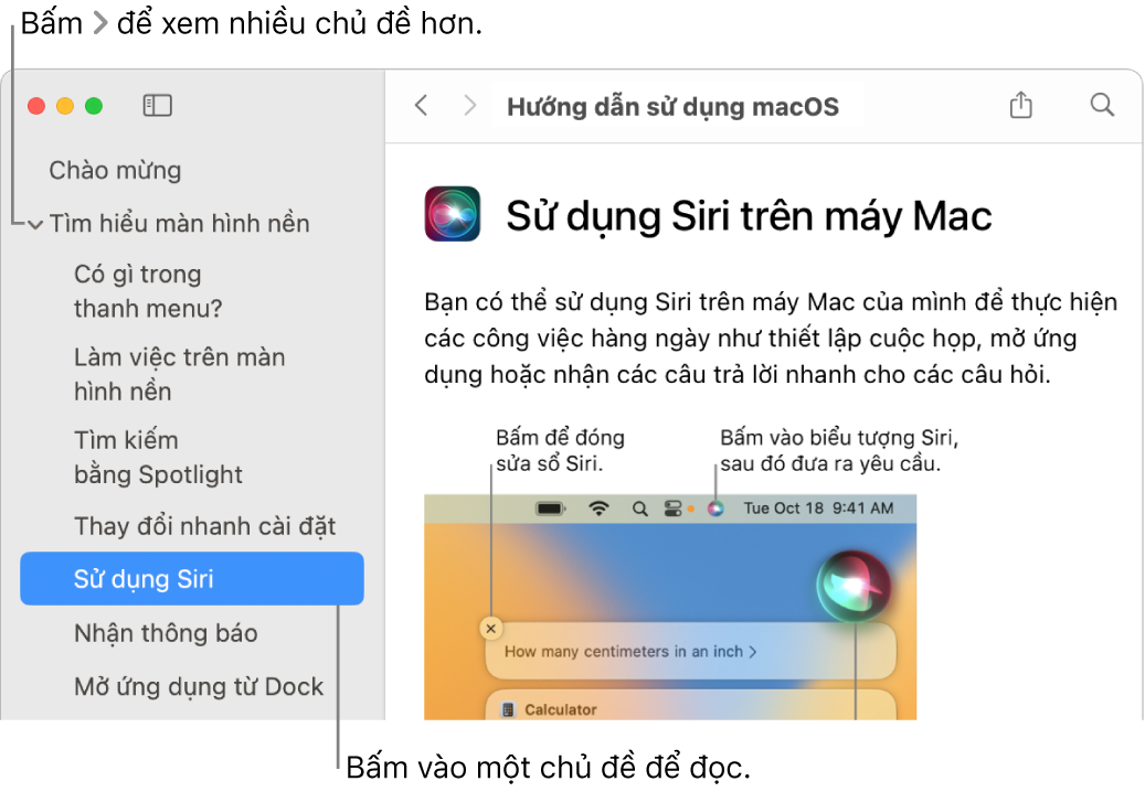 Trình xem Trợ giúp với một chú thích mô tả cách xem các chủ đề trong thanh bên và một chú thích khác mô tả cách hiển thị nội dung của một chủ đề.