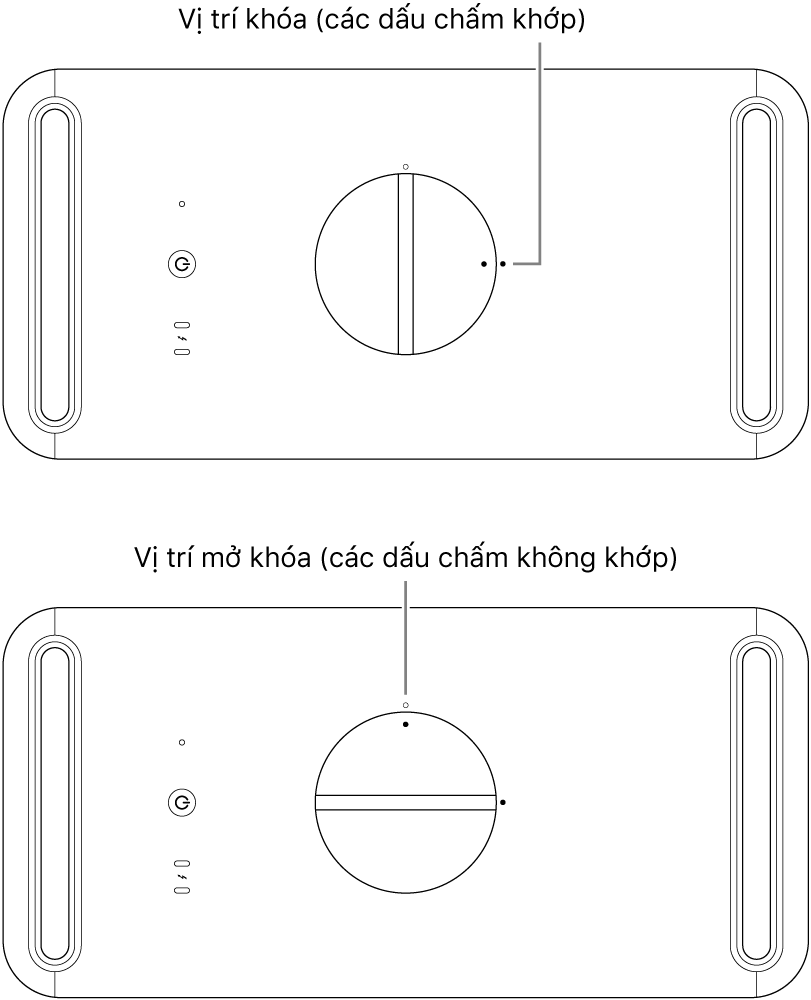 Mặt trên của vỏ máy tính đang minh họa chốt ở vị trí khóa và mở khóa.