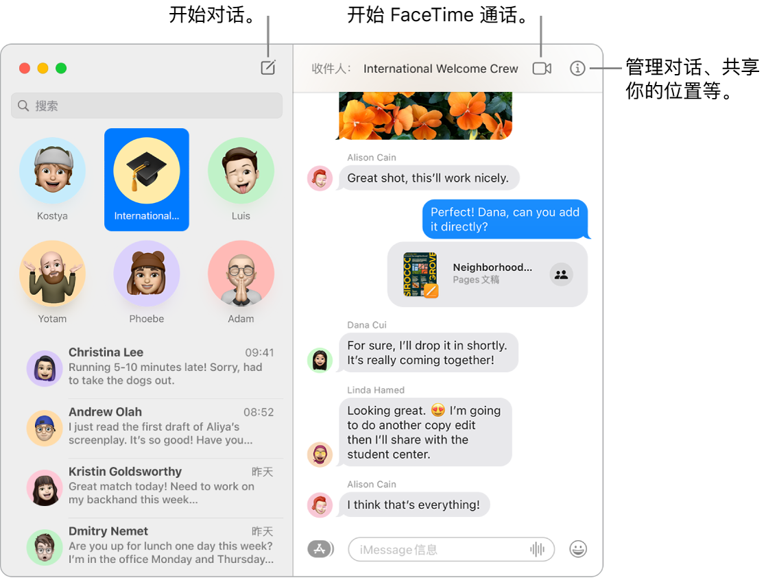 “信息”窗口，显示如何开始对话和如何开始进行 FaceTime 通话。