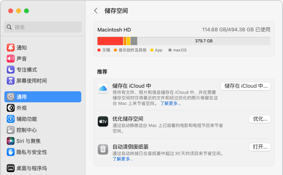 储存空间的“推荐”设置，显示“储存在 iCloud 中”、“优化储存空间”和“自动清倒废纸篓”选项。