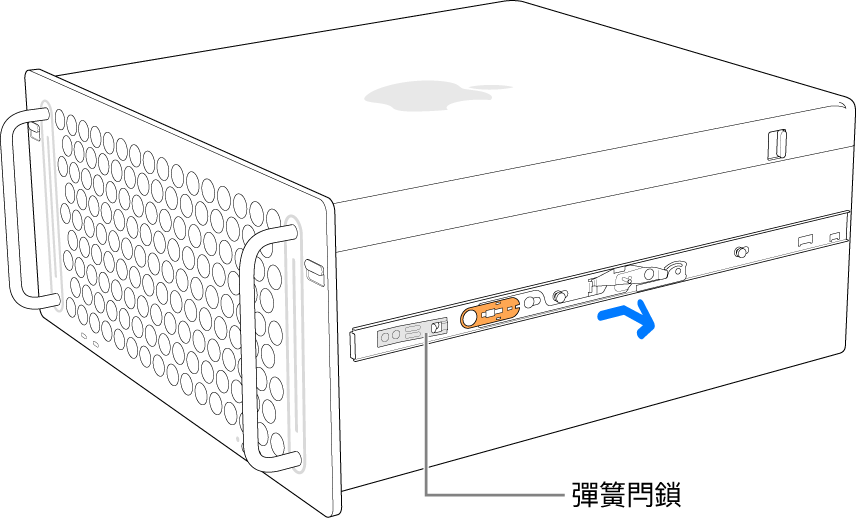 正在從 Mac Pro 的側邊分離的軌道。