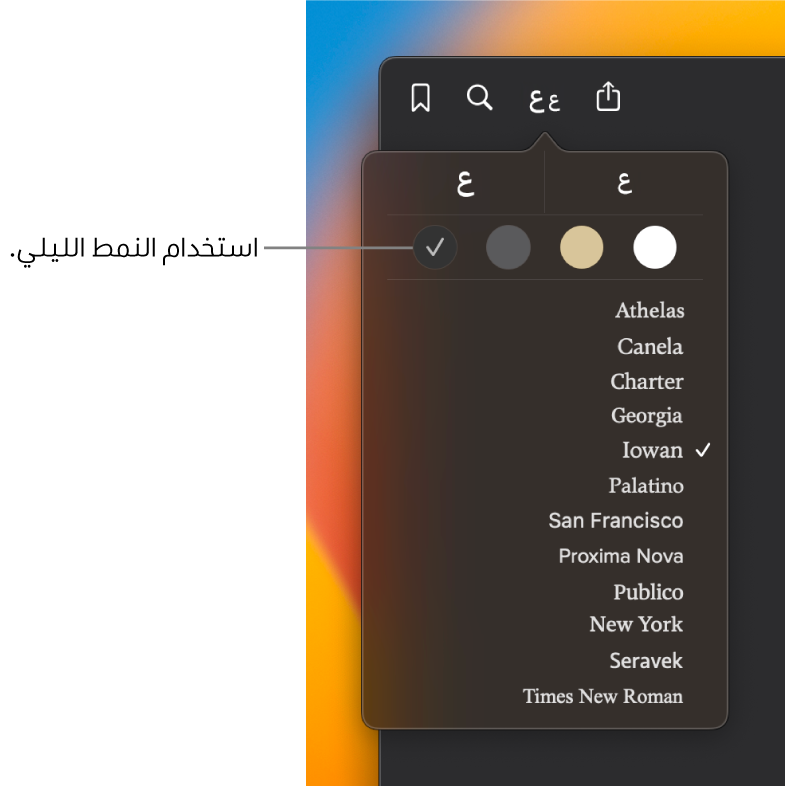 نافذة في تطبيق الكتب تعرض قائمة المظهر.
