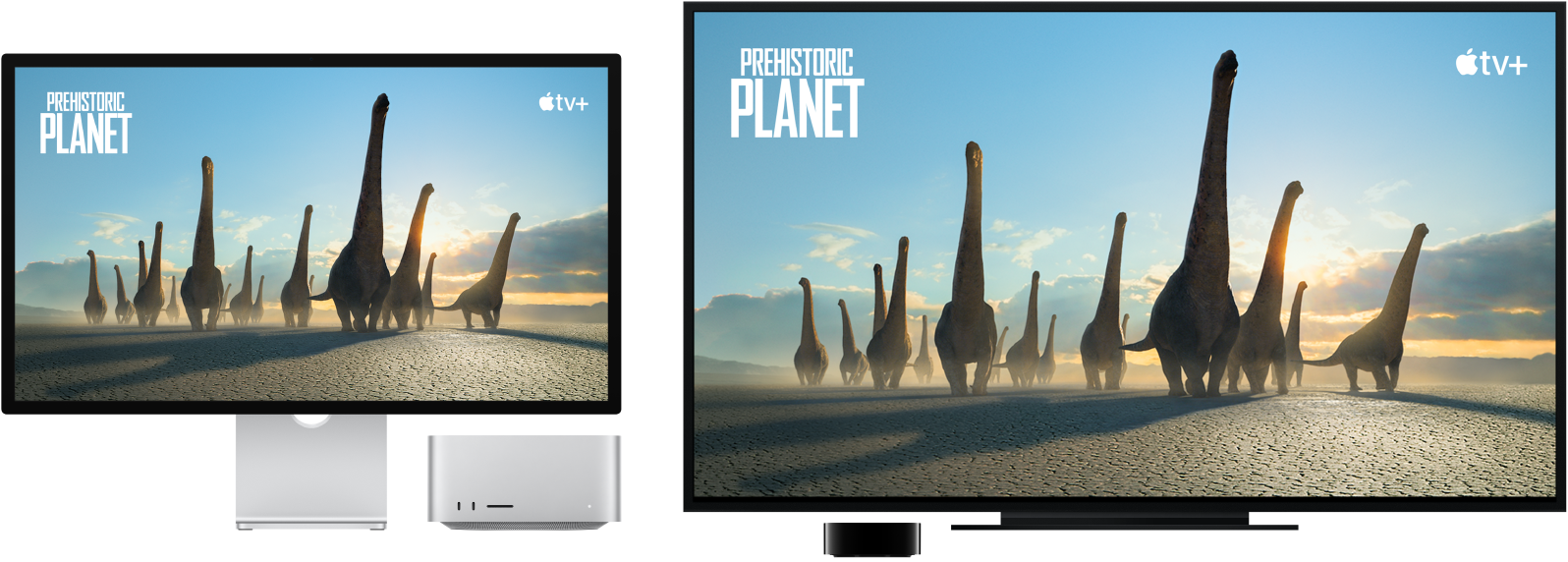 Un Mac Studio amb el seu contingut duplicat a un televisor d’alta definició gran per mitjà d’un Apple TV.