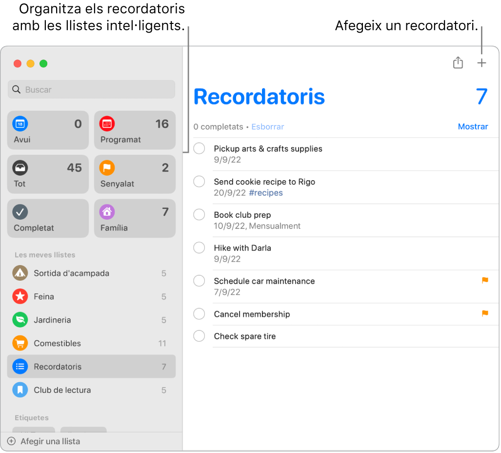 Una finestra de l’app Recordatoris amb llistes intel·ligents a l’esquerra i altres recordatoris i llistes a sota. El punter és a un recordatori. Hi ha les llegendes de les llistes intel·ligents i el botó “Afegeix un recordatori nou”.