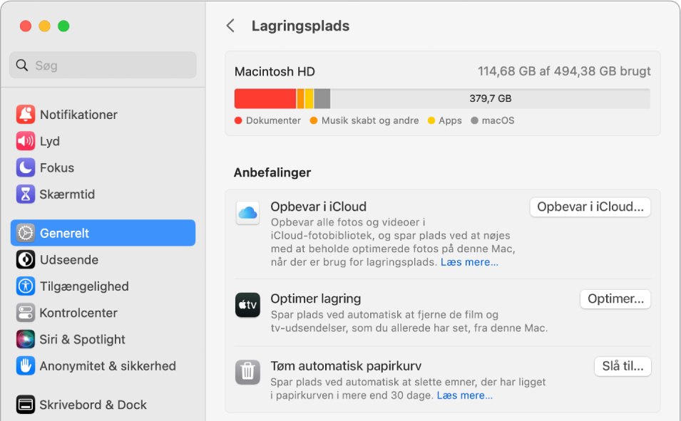 Vinduet med anbefalinger til lagringsplads, der viser mulighederne Opbevar i iCloud, Optimer lagring og Tøm papirkurv automatisk.