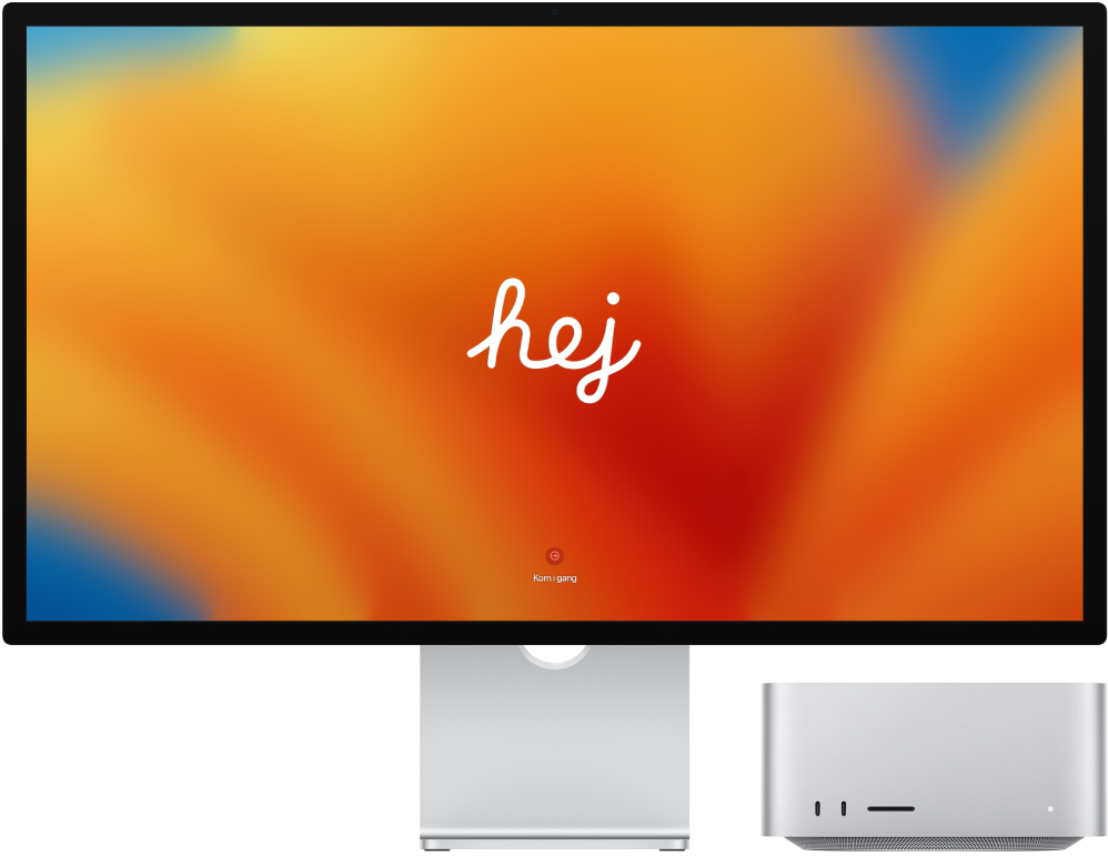 En Studio Display og en Mac Studio ved siden af hinanden med ordet “hello” på skærmen.