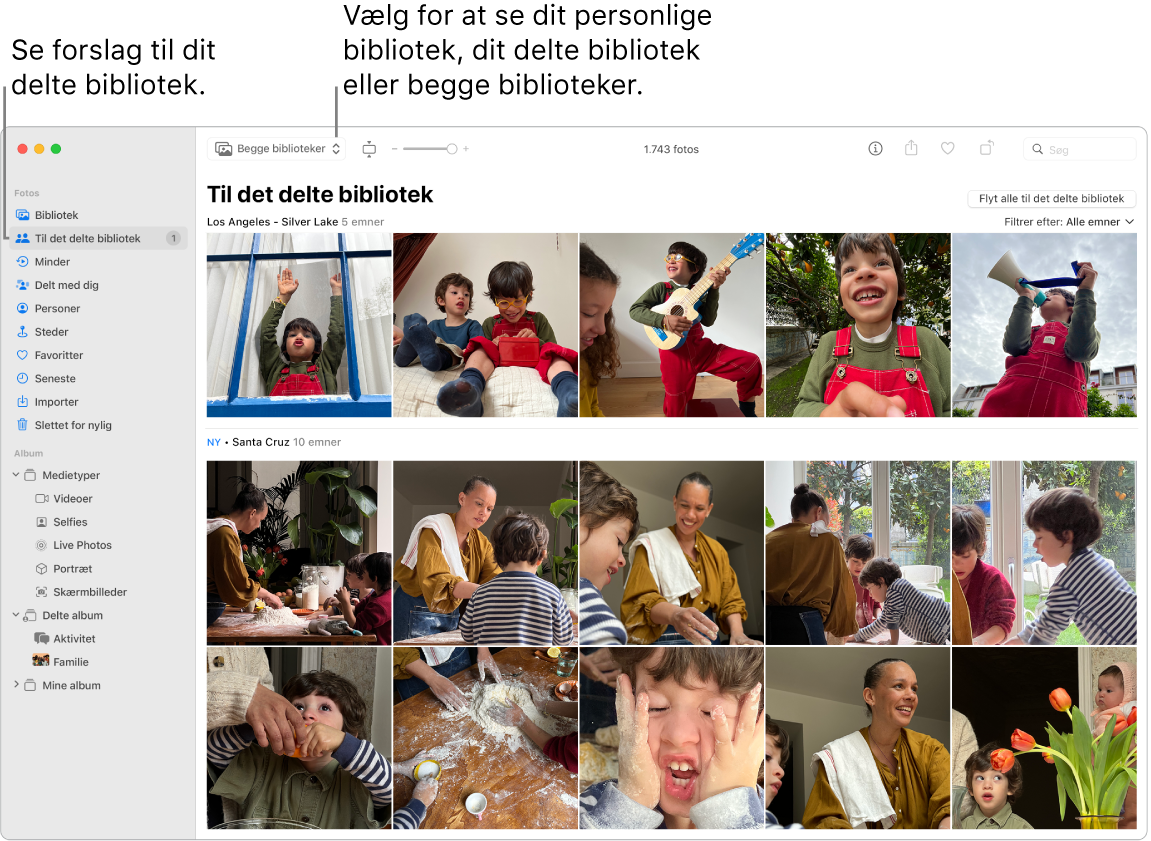 Fotos-vinduet, der viser både det personlige bibliotek og delte bibliotek med forslag til fotos til det delte bibliotek.