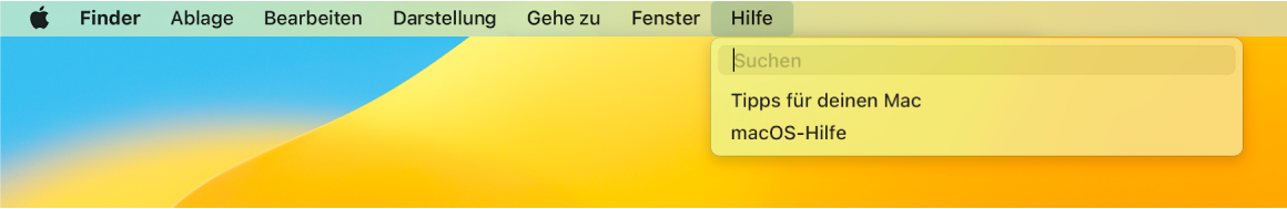 Ein Ausschnitt des Schreibtisch mit dem geöffneten Menü „Hilfe“, in dem die Menüoptionen für die Suche und die macOS-Hilfe zu sehen sind.