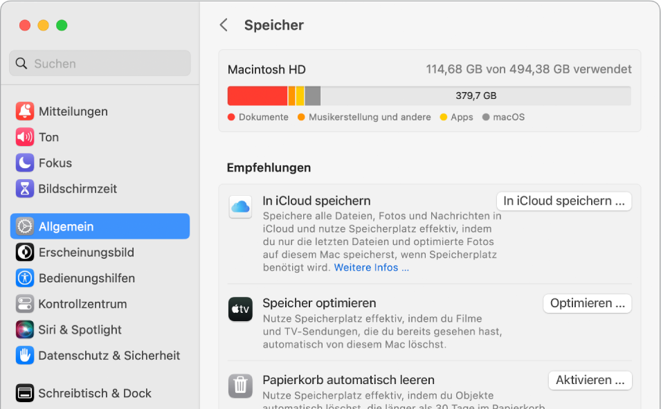 Die Empfehlungen-Einstellungen für den Speicher mit den Optionen „In iCloud speichern“, „Speicher optimieren“ und „Papierkorb automatisch leeren“.