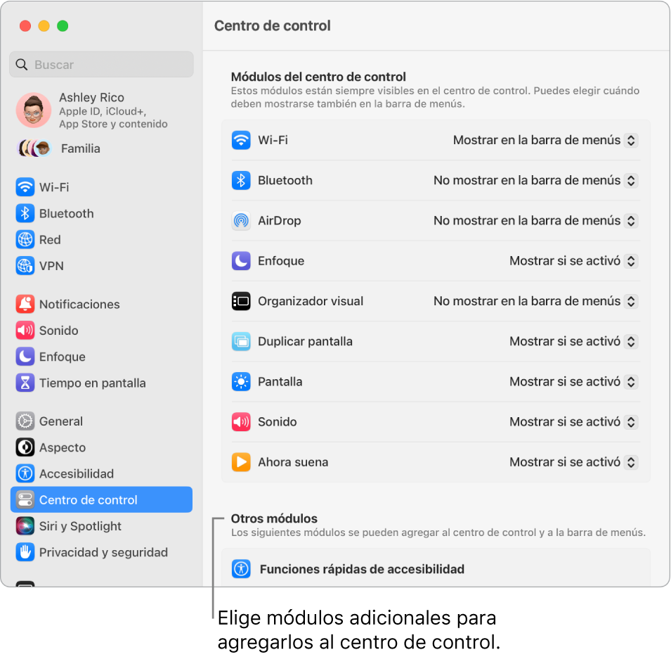 La configuración de Centro de control.