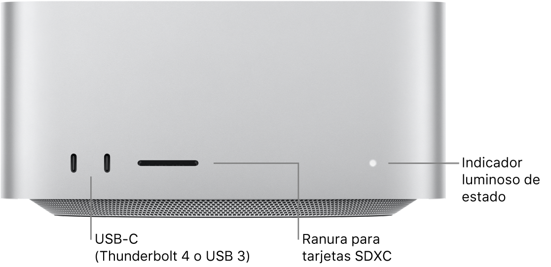 La parte frontal de la Mac Studio mostrando dos puertos USB-C, la ranura para tarjetas SDXC, y el indicador luminoso de estado.