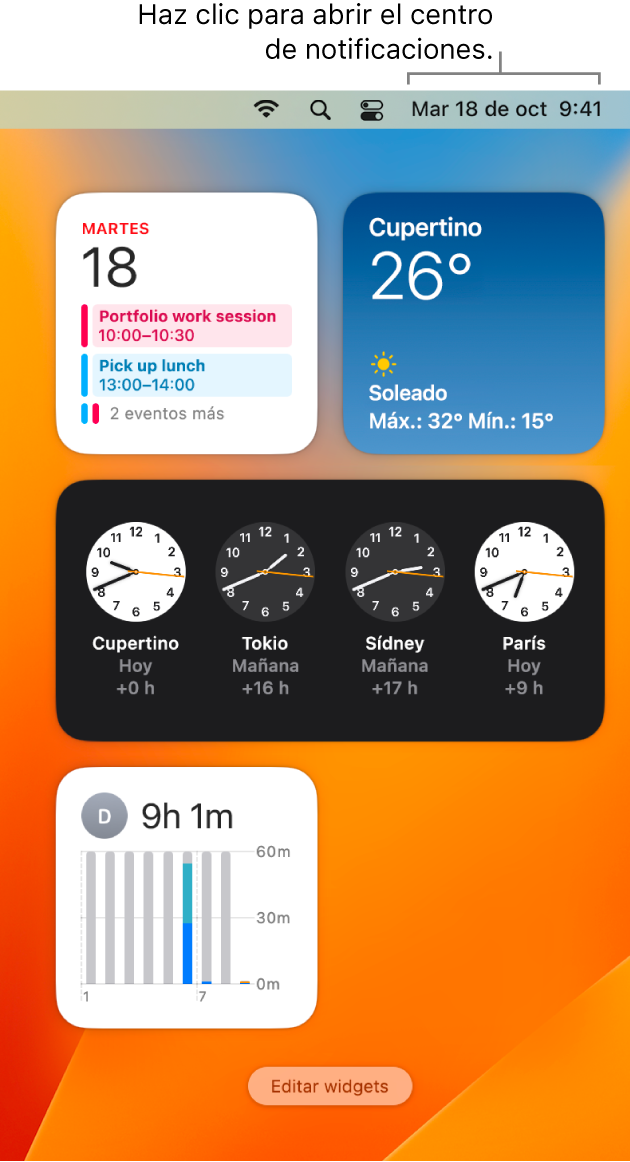 El centro de notificaciones con notificaciones y widgets de Calendario, Clima, Reloj y Tiempo en pantalla.