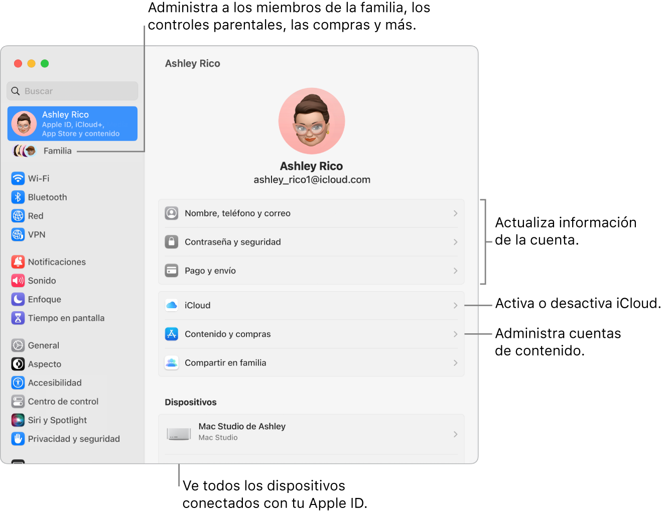 La configuración de Apple ID en Configuración del Sistema con textos para actualizar la información de la cuenta, activar o desactivar funciones de iCloud, administrar cuentas de contenido, y Familia, donde puedes administrar familiares, controles parentales, compras y más.