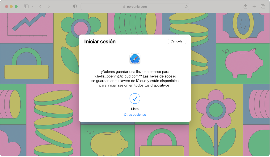 Una ventana de Safari mostrando un cuadro de diálogo de Iniciar sesión que pregunta al usuario si quiere guardar una llave de acceso. El diálogo indica que las llaves de acceso se guardan en tu llavero de iCloud y están disponibles para iniciar sesión en todos tus dispositivos. Una marca de verificación azul indica que se creó la llave de acceso correctamente; también está el enlace Otras opciones, que permite crear una llave de acceso.