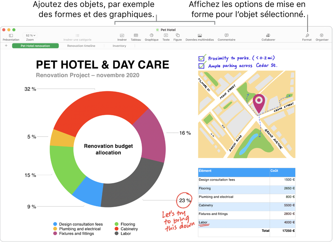 Fenêtre de Numbers avec la barre d’outils et ses outils d’édition en haut, le bouton Collaborer près du haut à droite, et les boutons Format et Organiser à droite.