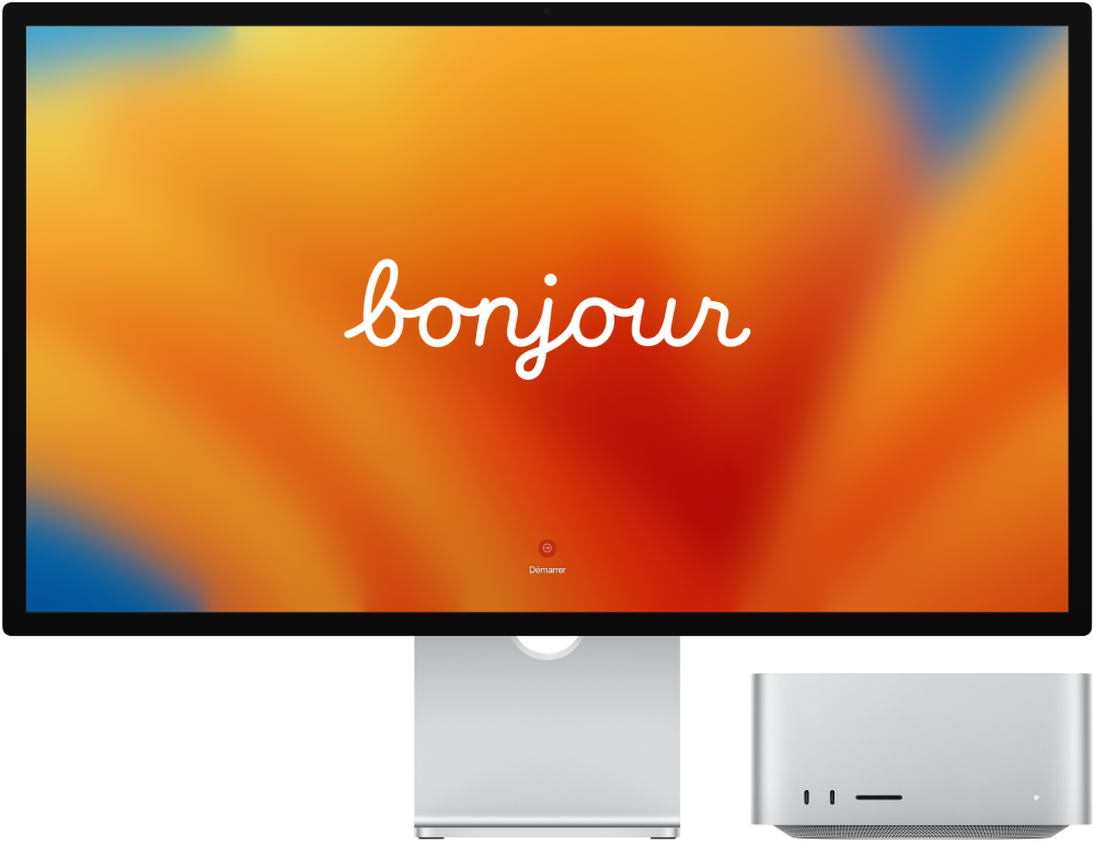 Un Studio Display et un Mac Studio côte à côte avec le mot « bonjour » à l’écran.