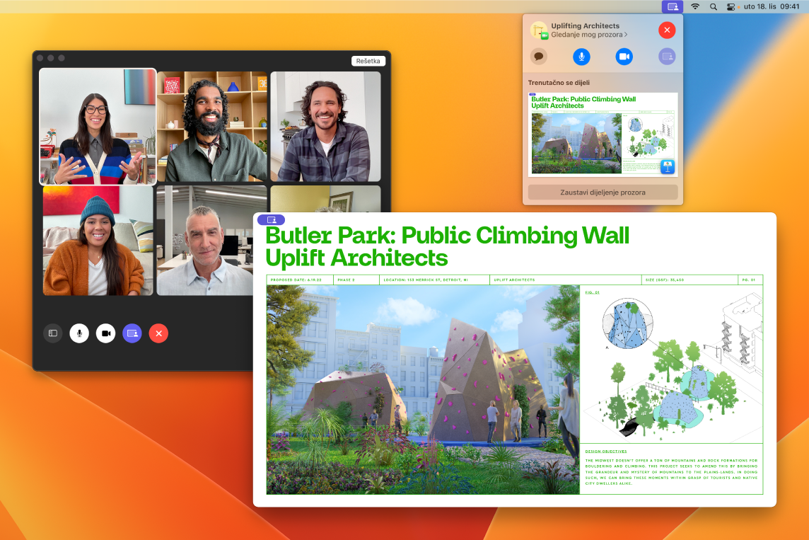 Doživljaj dijeljenja aplikacije s grupom FaceTime sudionika, otvoreni prozor aplikacije Keynote koji gledaju i manji prozor sa SharePlay naredbama.