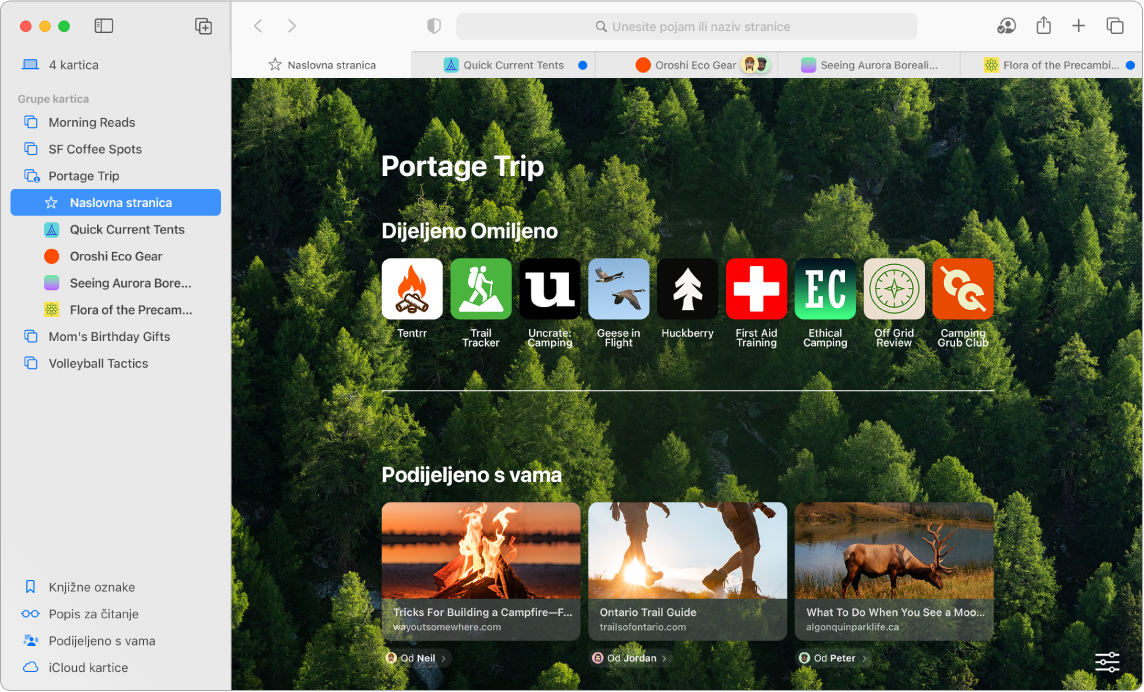 Stranica aplikacije Safari prikazuje otvoreni rubni stupac, s prikazanim izbornikom Grupe kartica i otvorenom dijeljenom Grupom kartica s nekoliko linkova, zajedno sa stavkama rubnog stupca Knjižne oznake, Popis za čitanje, Podijeljeno s vama i iCloud kartice.
