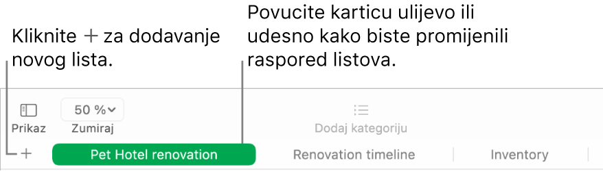 Prozor aplikacije Numbers prikazuje način za dodavanje novog lista i za razvrstavanje listova.