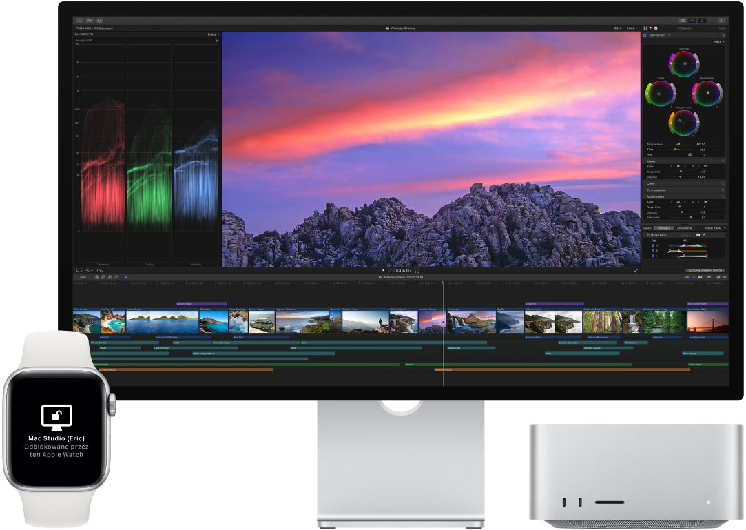 Apple Watch znajdujący się obok Maca Studio, pokazujący komunikat, że Mac został odblokowany.
