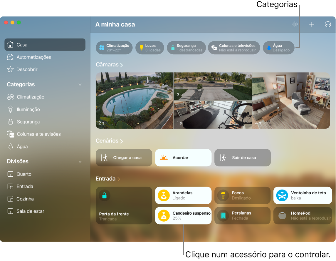 A aplicação Casa a mostrar categorias, cenários favoritos e acessórios favoritos.