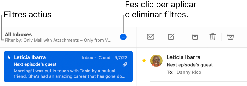 Finestra del Mail que mostra la barra d’eines sobre la llista de missatges, en què Mail indica quins filtres s’han aplicat, com ara “Només dels VIP”.