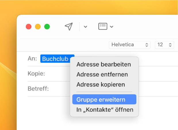 E-Mail mit einer Liste im Feld „An“ und dem Einblendmenü mit dem Befehl „Gruppe erweitern“.