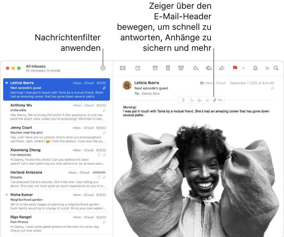 Das Mail-Fenster. Klicke auf die Taste „Filter“ in der Symbolleiste, um Nachrichtenfilter anzuwenden. Bewege den Zeiger über den Header-Bereich einer E-Mail, um Tasten zum Antworten, Sichern von Anhängen und mehr einzublenden.