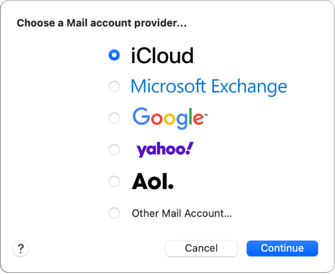 The dialogue to choose an email account type, showing iCloud, Microsoft Exchange, Google, Yahoo, AOL and Other Mail Account.